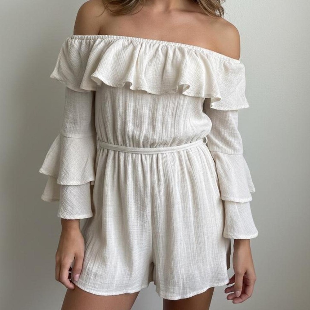 Favlux Cream Off-the-Shoulder Long Sleeve Flowy Dress | Size Medium